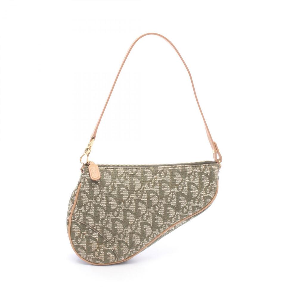 Christian Dior Trotter Saddle Pouch Handbag Canvas Leather Beige Green